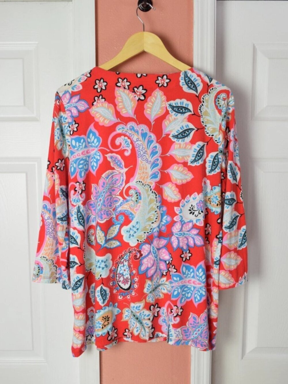 TALBOTS PIMA COTTON BLEND RED PAISLEY FLORAL PRINT CROCHET TUNIC TOP - Picture 8 of 10